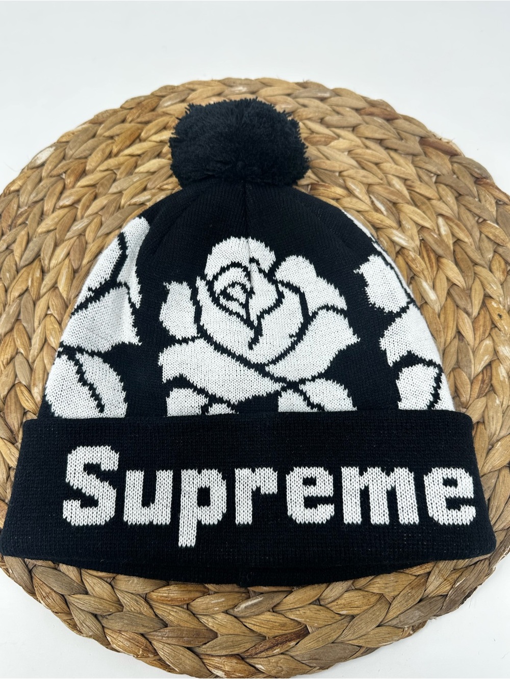 Supreme Rose Beanie Black White Acrylic One Size